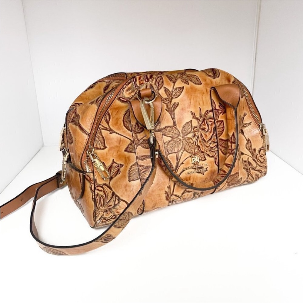 Cuoieria Fiorentina Italian Beige Brown Signature Embossed Floral Handbag
